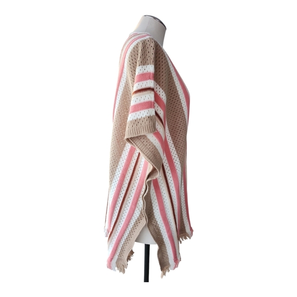 Echo La Playa Crochet Beach Cover Knot Poncho Tunic Striped Tan Pink OS - Picture 3 of 7